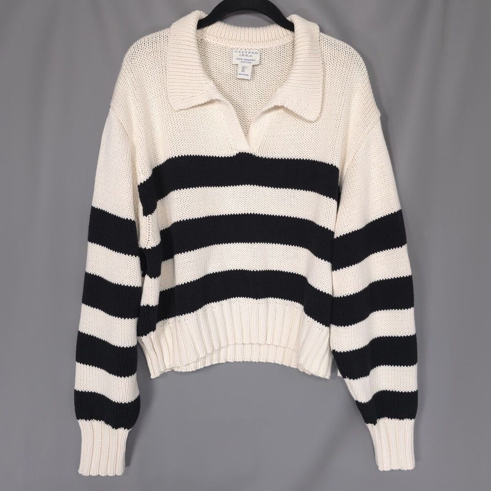 CALYPSO ST.BARTH Women's New LARGE Polo Sweater Striped 100% Organic Cotton